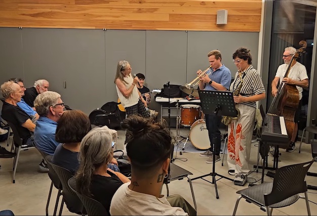 Samba Meets Jazz faculty concert from August 2025. From left: Dominique Eade, vocals; Chico Pinheiro, guitar; Mark Tipton, trumpet; Ada Rovatti tenor saxophone; Nilson Matta, bass.